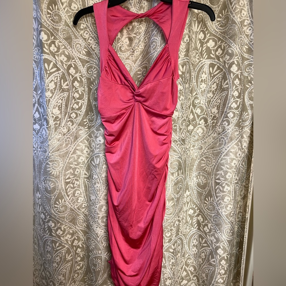 Pink Ruched Fitted Midi Dress size small